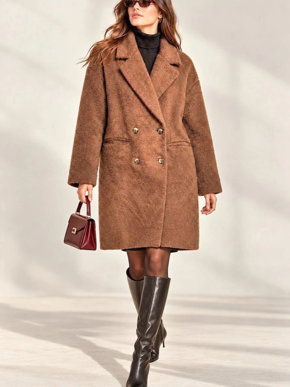 OAK + FORT Chocolate Brown Teddy Wool Blend Oversized Double Breasted Coat XS